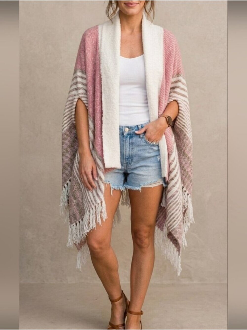 By Anthropologie Cardigan Poncho Kimono Wrap One Size Pink Cream Western Boho